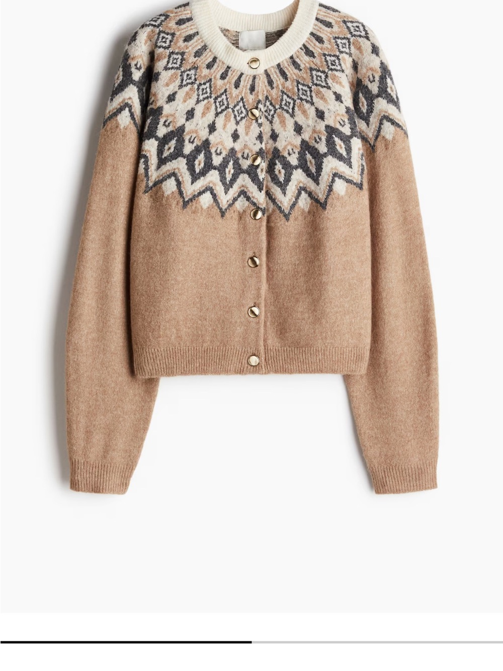 H&M Camel Fair Isle Cardigan with Cream and Gray Accents